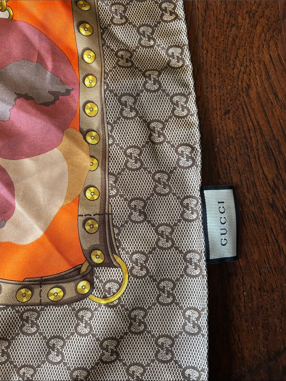 Gucci Floral Square Scarf - Orange, Pink, Brown - Picture 2 of 5